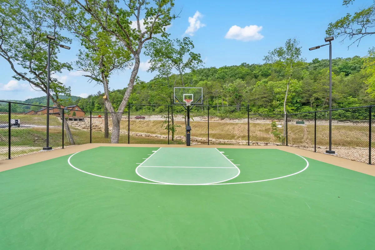 A vibrant outdoor basketball court surrounded by lush trees, featuring a prominent hoop and green court surface. The setting suggests an active, energetic mood, perfect for friendly matches and group activities.